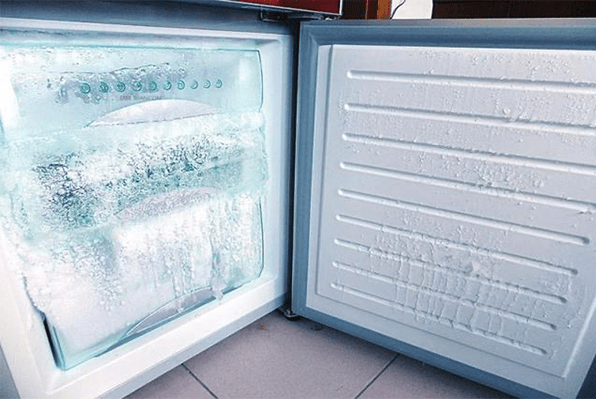 Ice in the freezer compartment of a direct cool refrigerator